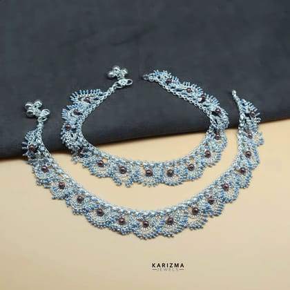Real Silver Blue Beads Indian women  brides collection jhallar Anklets Ankle Pair 10.5"