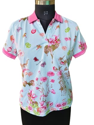 Stylish Floral Collared Polo Shirt for Women - Light Blue Casual Summer T-Shirt