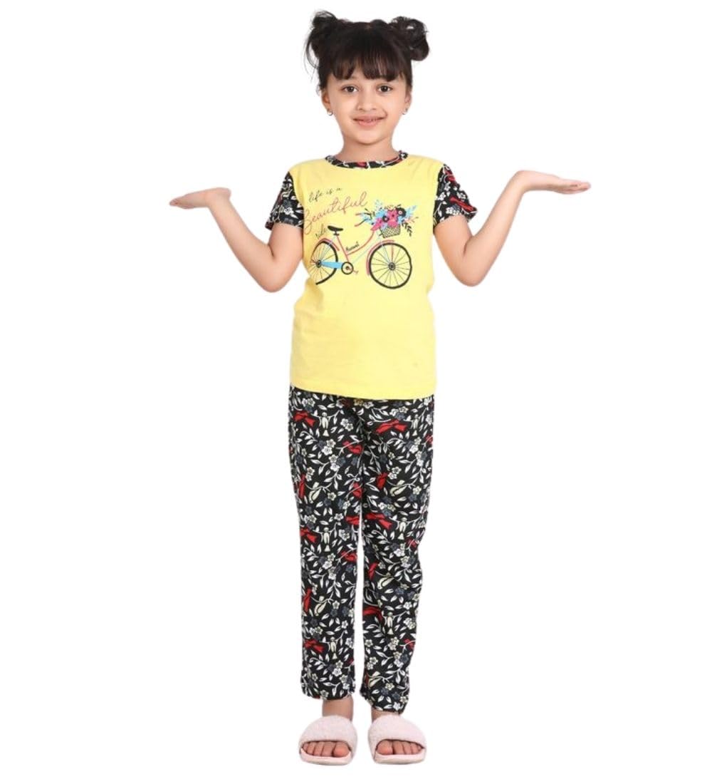 Girl's Cotton Hosiery Printed Night Suit Set (Yellow-Black, 3-4-Yrs)-PID66140