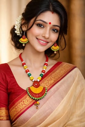 SharanyaD BeautifulTerracotta Handmade Jewellery Set with necklace and earring, Women's Contemporary Terracotta Necklace - Striped Red Yellow