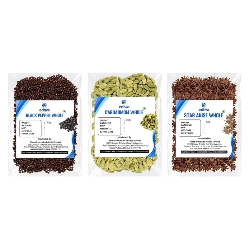 EDHWI Combo - Black Pepper (50g), Star Anise (50g), Cardamom (25g) � Premium Spice Trio for Cooking & Flavoring