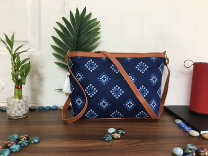 Minsk - 3 zip- Big size - Sling Bag - Blue Square Bandhani