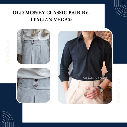 Old Money Black Shirt with Ash Grey Signature Buttoned Gurkha Pant by ITALIAN VEGA®-M / 28