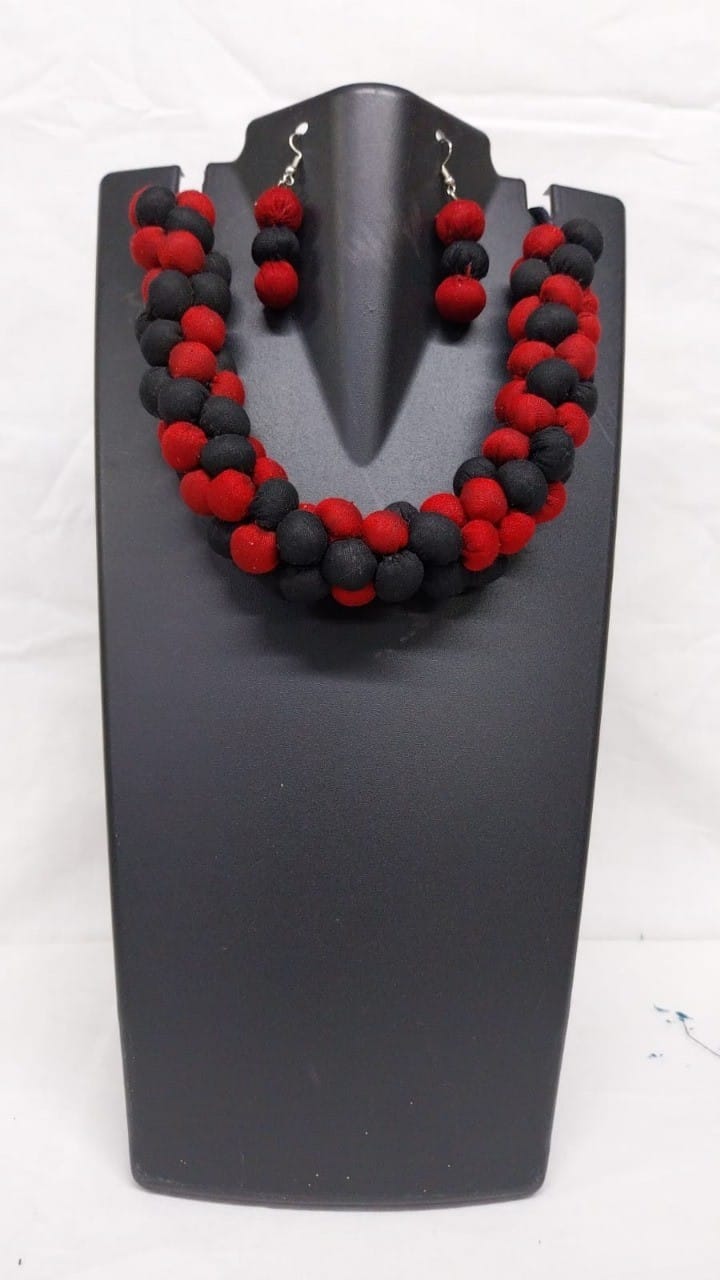 Elegant Red and Black Beaded Choker Necklace Set with Matching Earrings