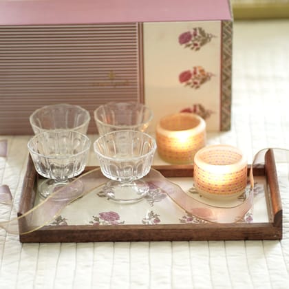 MITHAAS - DESSERT HAMPER BOX-MULTY COLOUR / GLASS & WOOD / 2 ICECREAM BOW, 2 GLASS TLIGHT