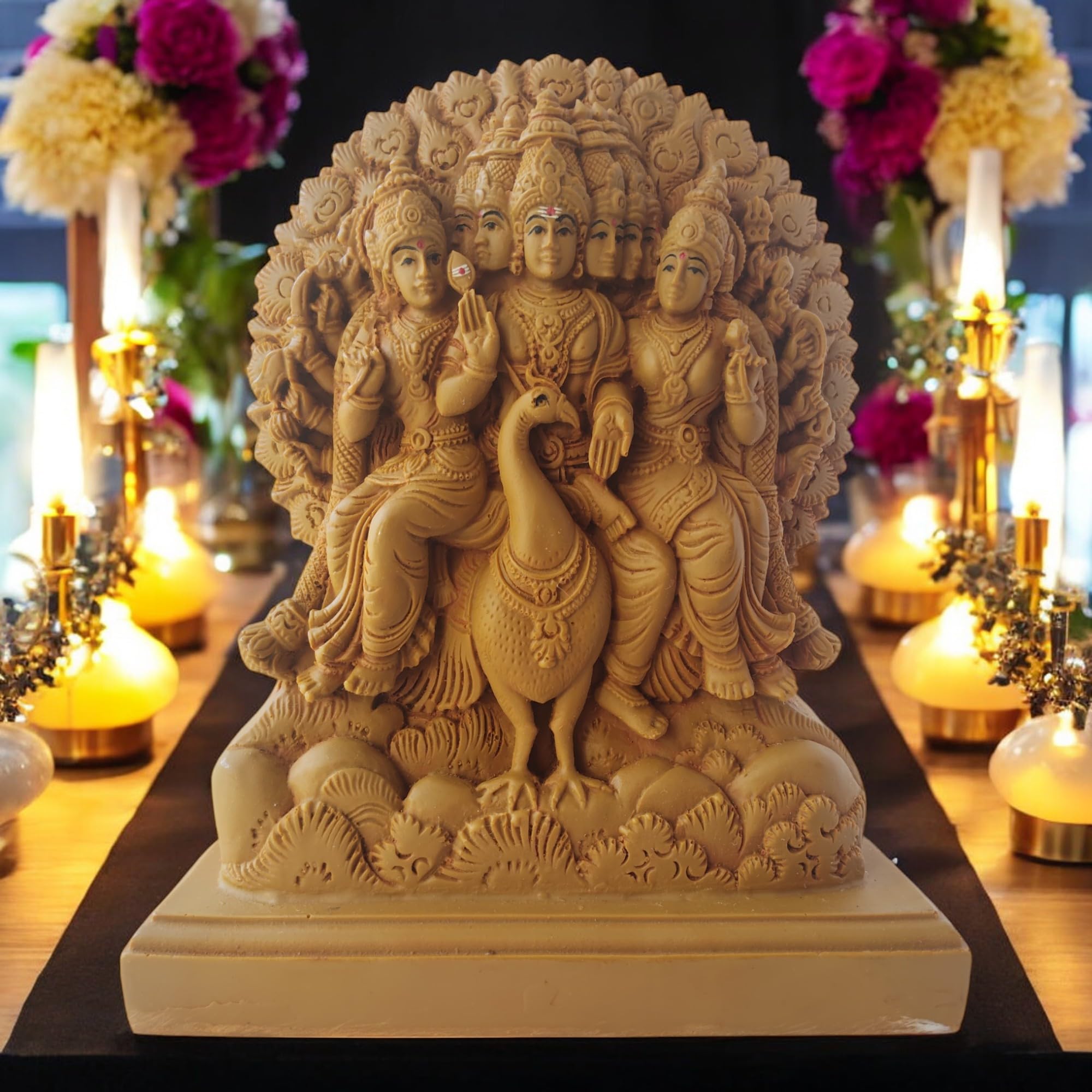 AMS Lord Murugan Idol with Six Faces Sitting on Peacock Brown Resin Hindu God Statue with Wives Valli & Deivanai Kartikeya Figurine for Home Temple, Pooja Room & Spiritual Decor 24 cm