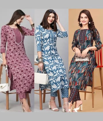 YAGNIK FASHION Women Cotton Blend Self Design Straight Kurti With Pants ( Multicoloured )