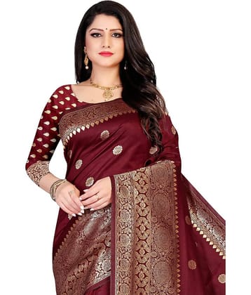 NENCY FASH Banarasi Silk Self Design Saree With Unstitched Blouse Piece ( Maroon )