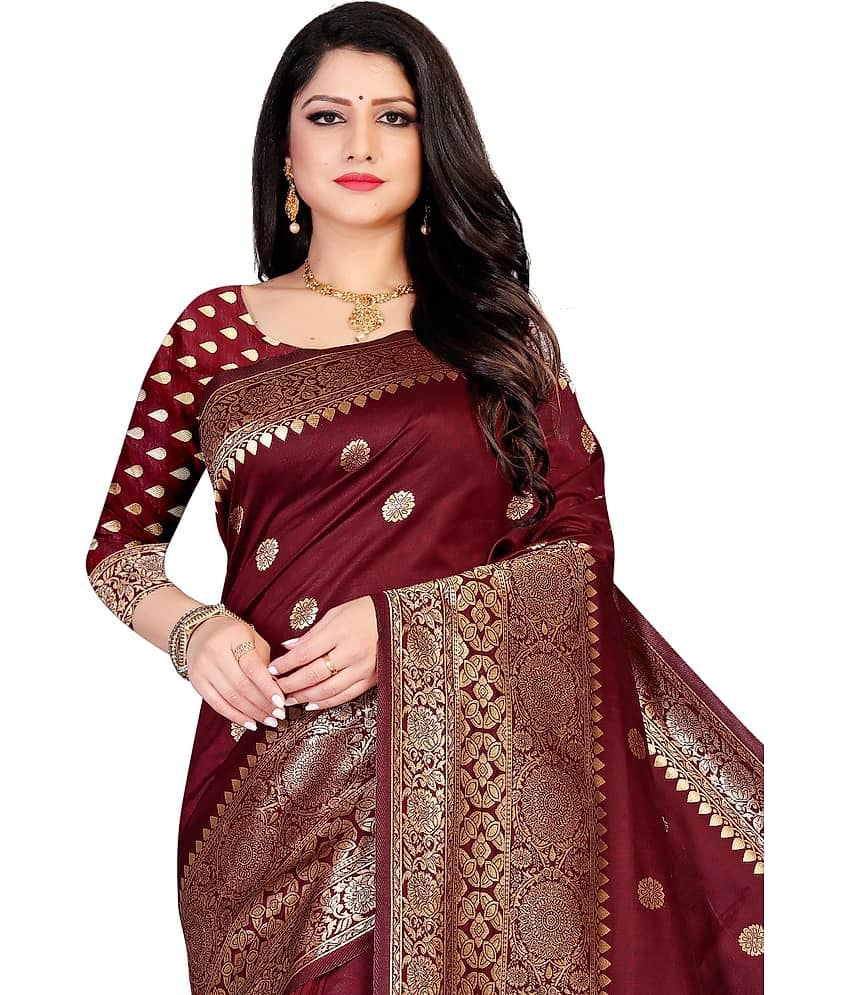 NENCY FASH Banarasi Silk Self Design Saree With Unstitched Blouse Piece ( Maroon )