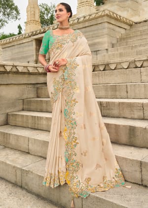 Pristine White Designer Embroidered Silk Saree