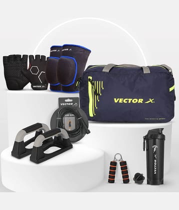 Vector X Gym Bag, Shaker, Pushup Bar, Skipping Rope, Hand Grip, Gym Gloves, Knee Support Home Gym FitnessCombo