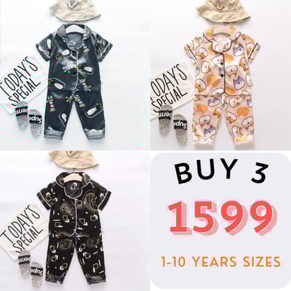 3 NIGHT SUITS COMBO FOR BOYS AND GIRLS (PRINTED DESIGN ALL)-1-2 YEARS