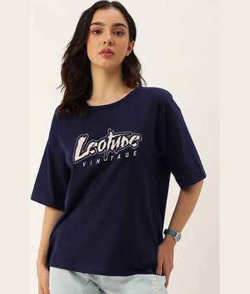 Leotude Women Cotton Blend Printed Oversized Fit Round Neck T-Shirt ( Blue )