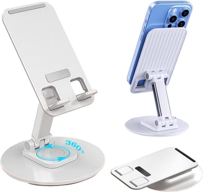 WALLVIEW TECH Mobile Phone Stand 360° Rotation Height and Angle Adjustable Cell Phone Stand for Desk Office Foldable Desktop Phone Holder for Smartphone 4-10'' Tablet Holder(White) (White) White