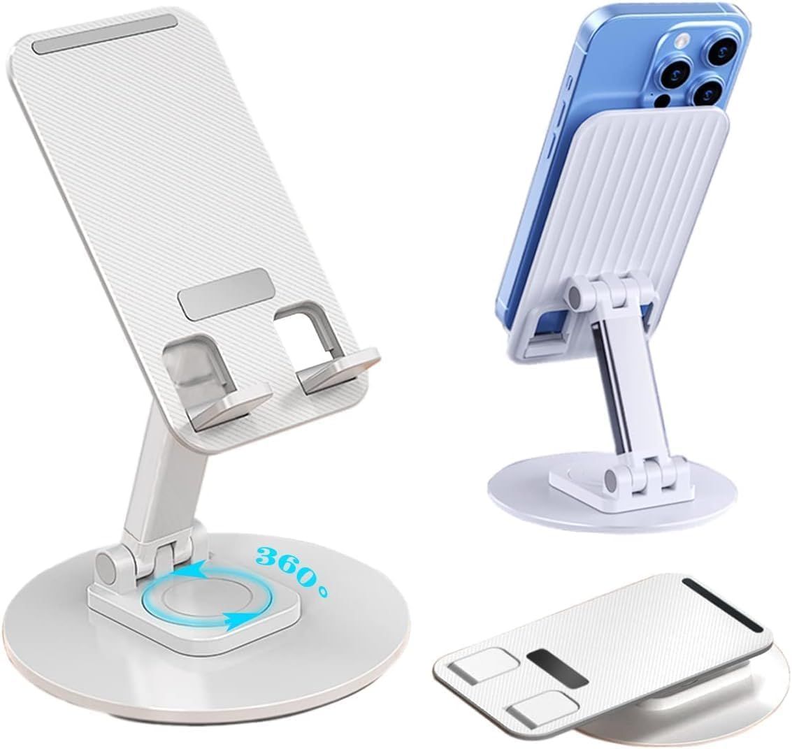 WALLVIEW TECH Mobile Phone Stand 360° Rotation Height and Angle Adjustable Cell Phone Stand for Desk Office Foldable Desktop Phone Holder for Smartphone 4-10'' Tablet Holder(White) (White) White