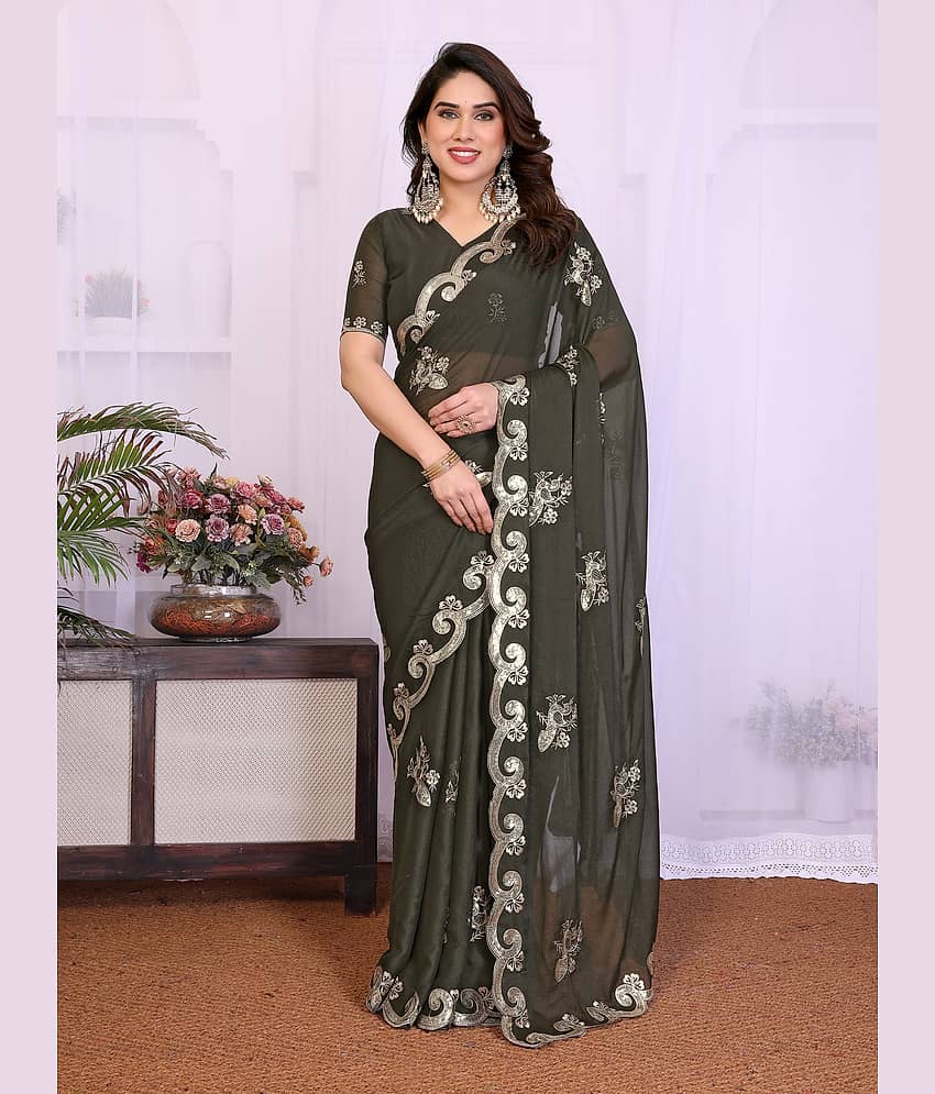 VEDANT VASTRAM Georgette Embroidered Regular Saree With Unstitched Blouse Piece ( Olive )