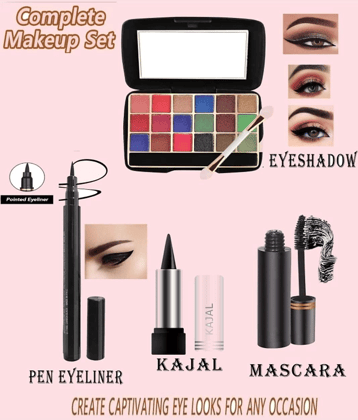 swenky 18color shimmer eyeshadow with waterproof eyeliner mascara & bold eye kajal (Pack of 4)
