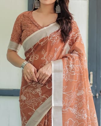 Terracotta Brown Floral Handprinted Pure Cotton Linen Saree with Tassels-Regular