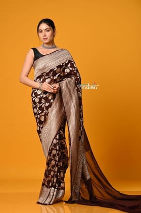 Suhaani Exclusive ~ Handloom Khaddi Georgette Saree With All Over Floral Jaal~ Classy Brown