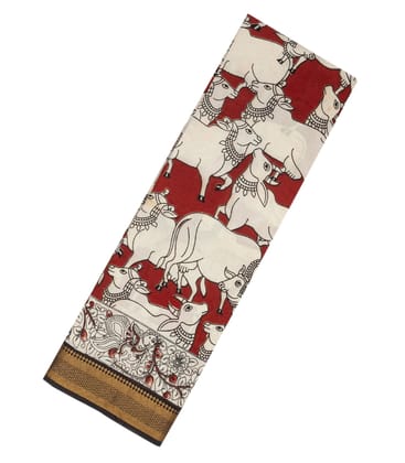 Crimson Blended Silk Saree With Kalamkari Cow Print-Crimson