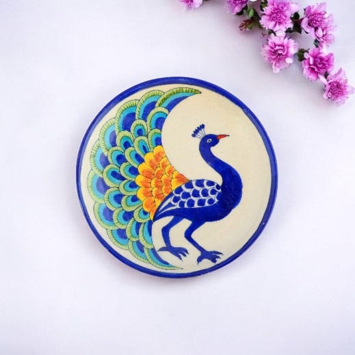 Blue Pottery Peacock Pattern Decorative PlateWhite and Blue6