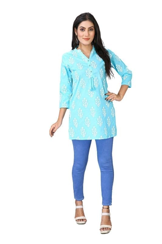 Women's Casual 3/4 Sleeve Cotton Blend Printed Kurti (Light Blue, 2XL)-PID46426