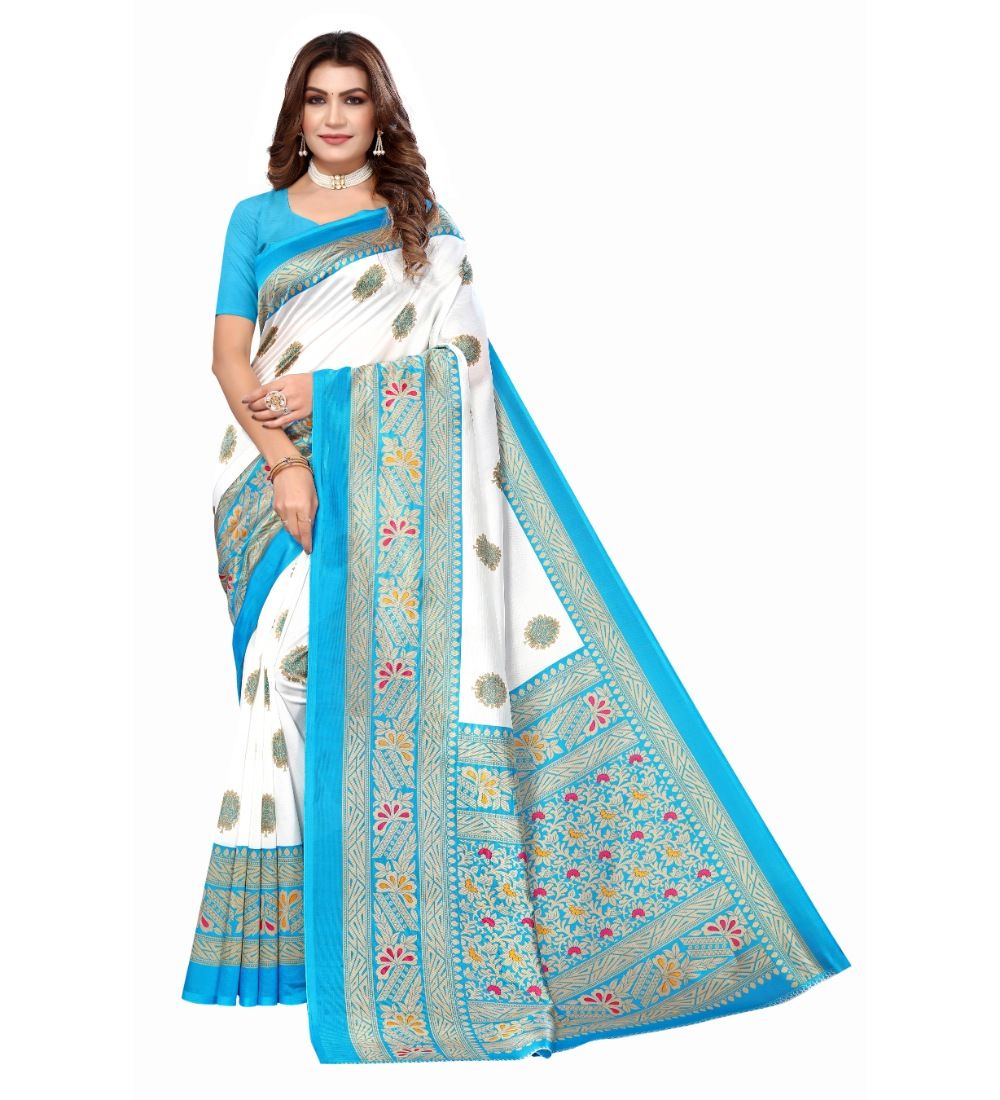 Women's Art Silk Printed Saree with Unstitched Blouse (Blue, 5-6 Mtrs)