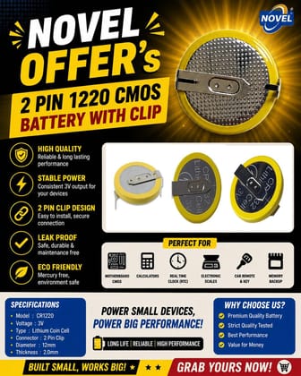 NOVEL CR1220 3V Lithium Coin Cell CMOS Battery with 2 Pin Clip Connector | Suitable for CMOS Backup Memory, Computer Motherboards, Electronic Modules and DIY Circuit Projects NOVEL CR1220 3V Lithium Coin Cell CMOS Battery with 2 Pin Clip Connector | Suitable for CMOS Backup Memory, Computer Motherboards, Electronic Modules and DIY Circuit Projects