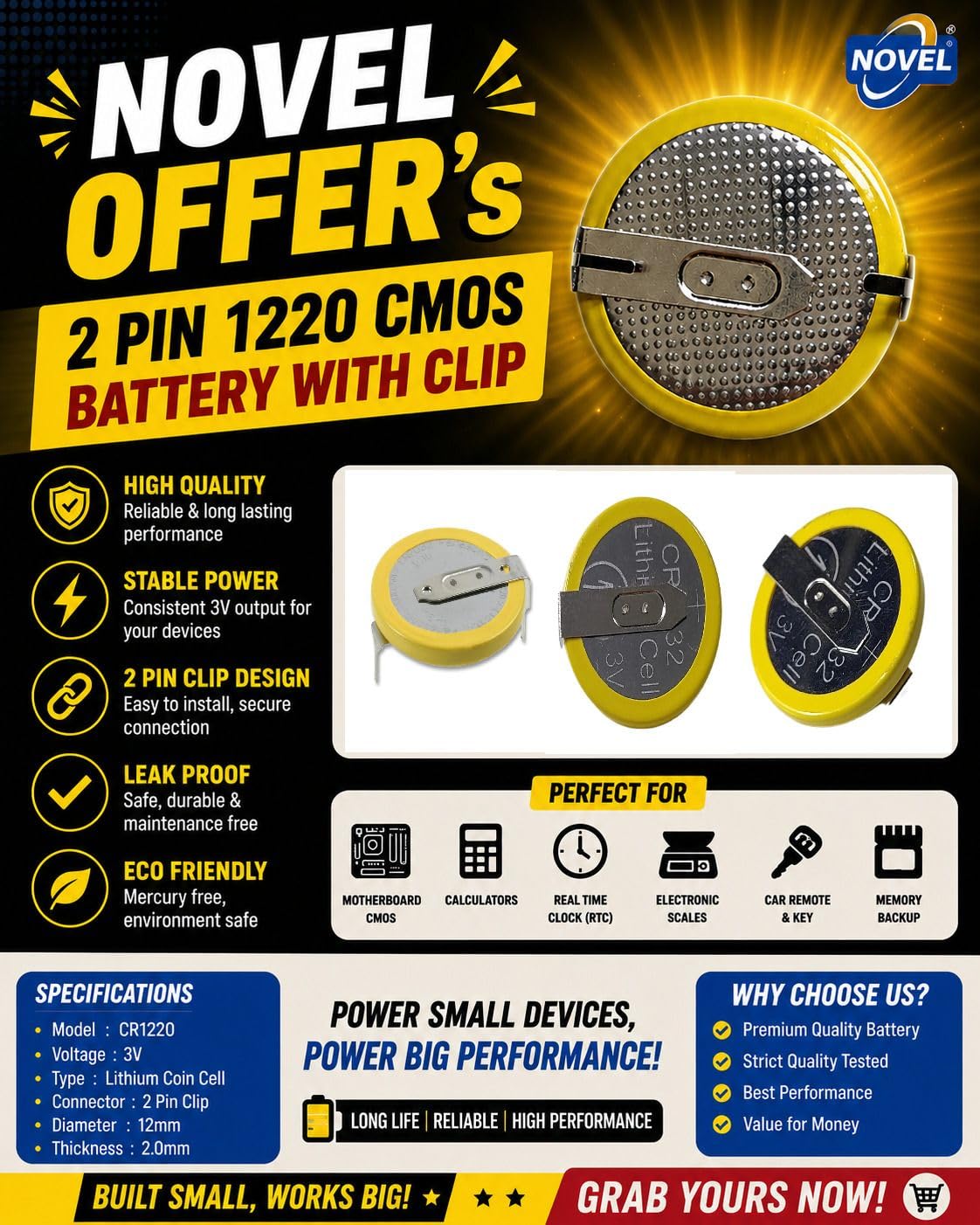 NOVEL CR1220 3V Lithium Coin Cell CMOS Battery with 2 Pin Clip Connector | Suitable for CMOS Backup Memory, Computer Motherboards, Electronic Modules and DIY Circuit Projects