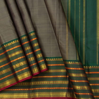 Grey And Green Kanjivaram Silk Saree With Medium Border Handwoven Pure Silk For Wedding Wear PV J 2933