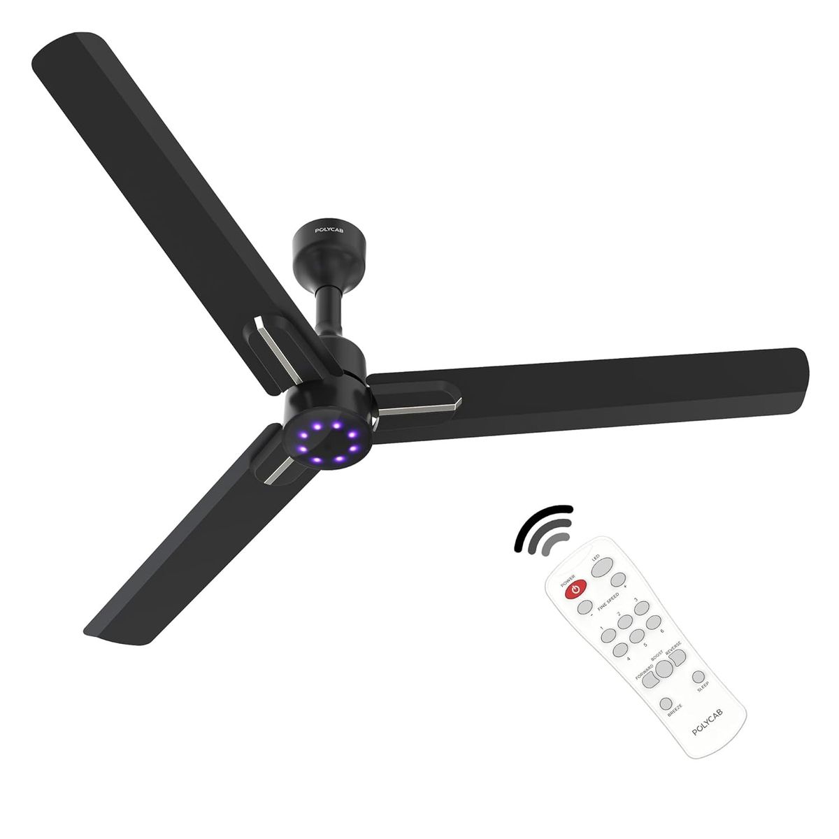 Polycab Wizzy Neo LED 1200mm 5-Star BLDC, Remote Ceiling fan for home | 8 Purple LED Speed Indicator | High Air Delivery, 25 Speed Control | Free Installation | 4 yr Warranty 【Black Chrome】