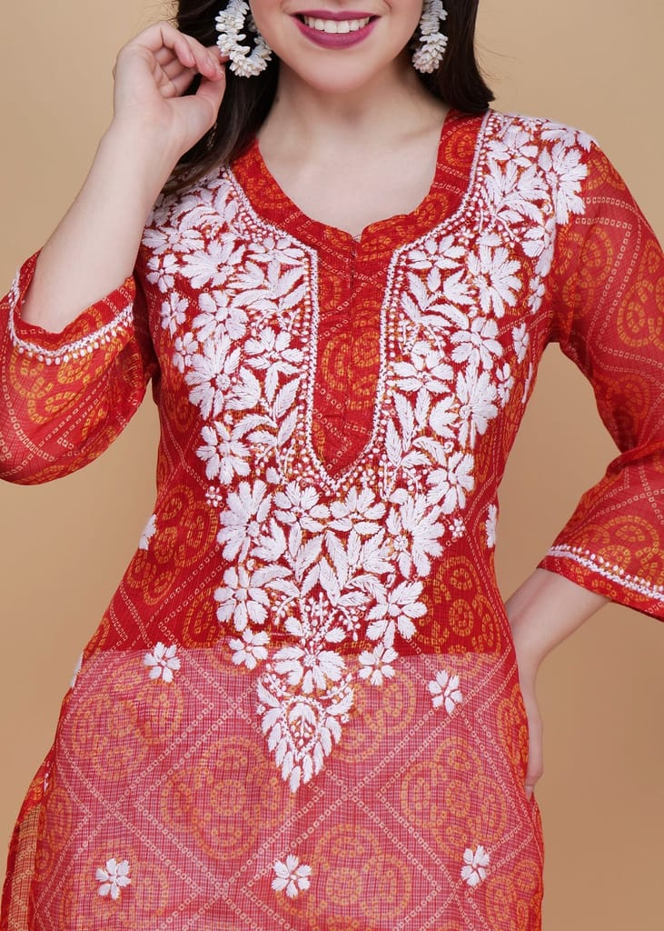 Traditional Kota Chikankari Straight Kurta - Red