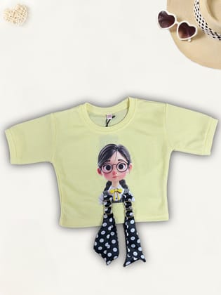 Girls Yellow Fancy Over Size T-Shirt  [GT-403] [ 4-12 Years ]-4-5Y (Size - 24) / Ribbed / Yellow