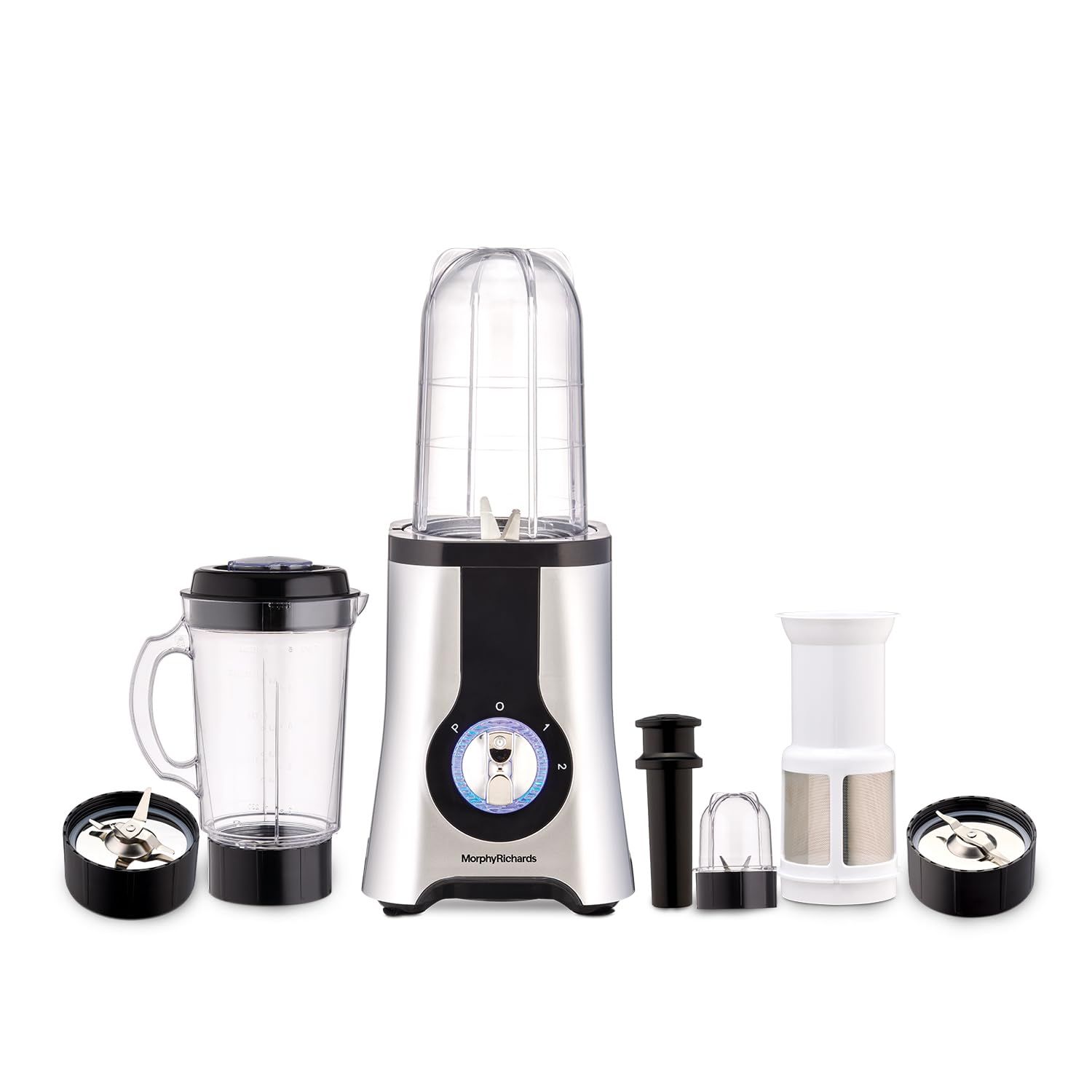 Morphy Richards 4-in-1 BlendMaster Table Blender 400W | Multifunctional: Grind, Crush, Chop & Extract |SS Blades | 4 Jars | 24,000 RPM High-Speed | 2-Speed + Pulse Mode | 2-Yr WarrantySilver & Black Morphy Richards 4-in-1 BlendMaster Table Blender 400W |