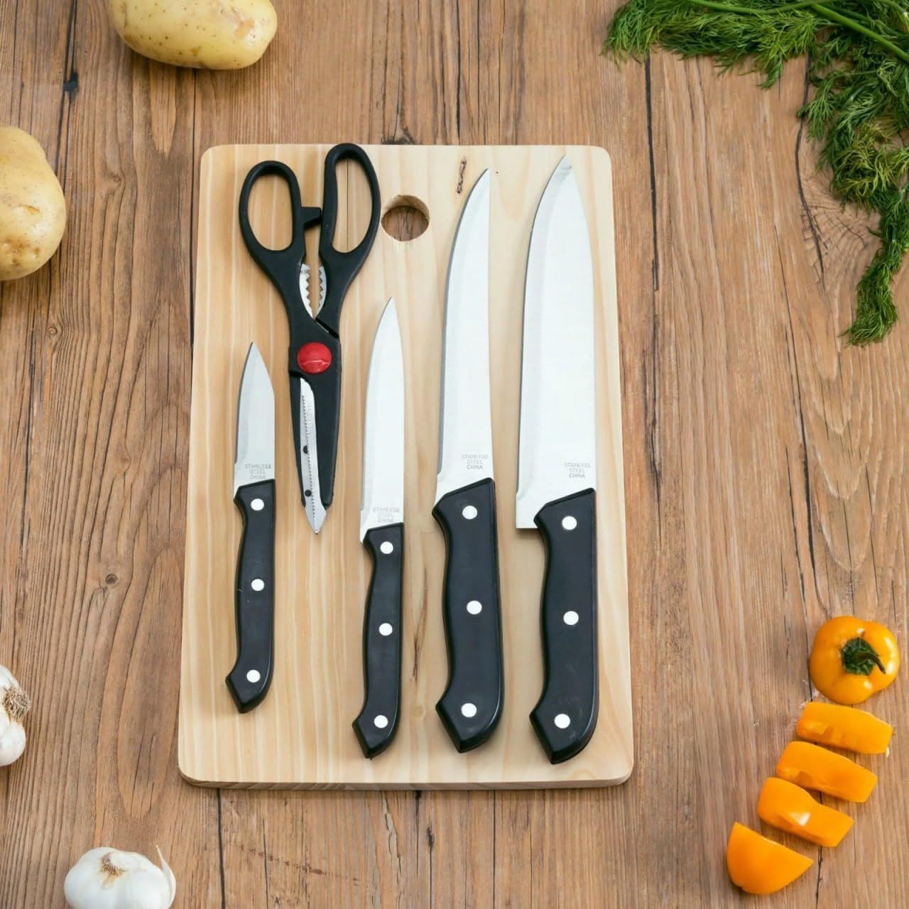 Wooden Chopping Board with Knife Set and Scissor
