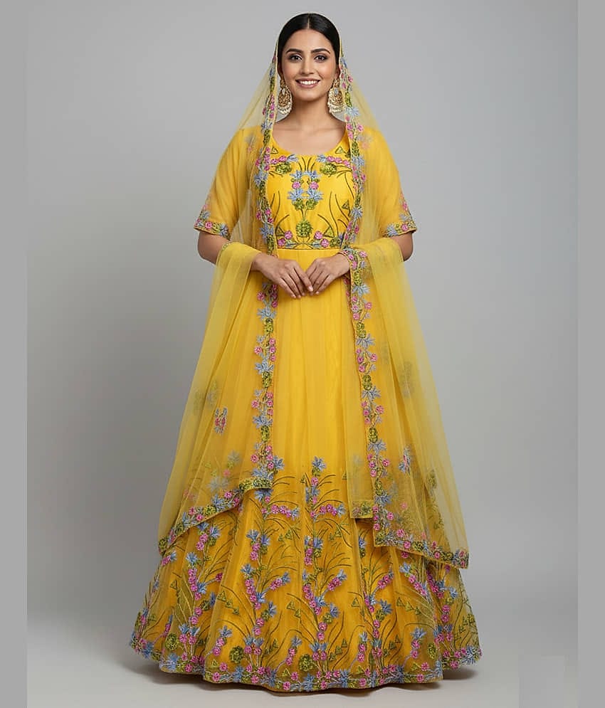 KV Fashion Women's Net Semi Stitched Flared Ethnic Gown With Dupatta