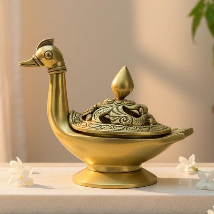 Sukh Sehaj Hansa Dhoop Dani | Swan Shaped Loban Burner | Incense Burner | Dhoop Batti Stand, Handcrafted, Antique Yellow Finish, 6.0 Inch Length, for Home Temple, Decor, Pooja Ritual and Gifting
