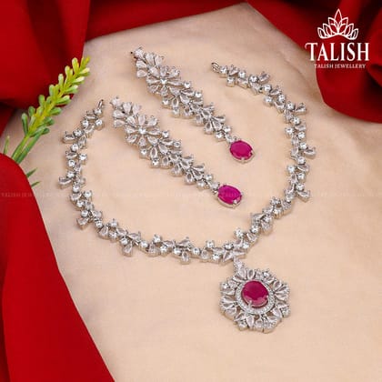 Silver-Plated Floral Necklace Set with American Diamond Stones and Ruby Accents