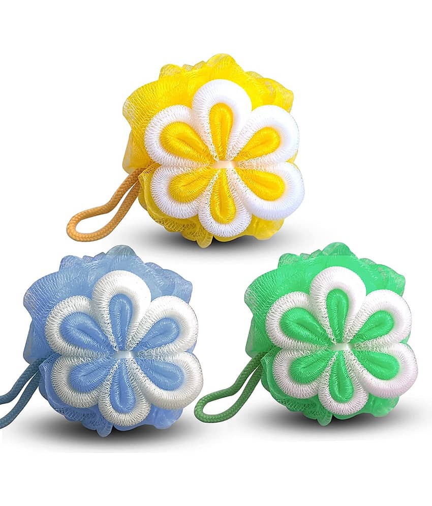 Majestique 3Pcs Flower Bath Loofah Shower Puff Sponge, Body Scrubber for Women (Multicolor)