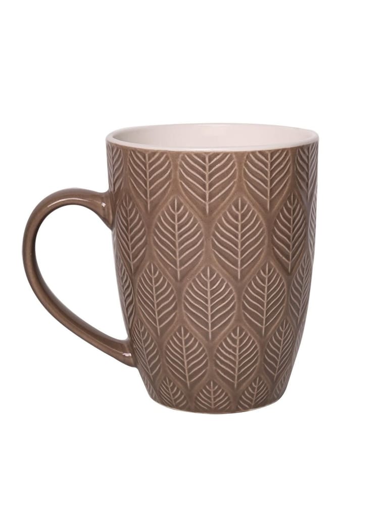 Beige Ceramic Mug - 360Ml, Leaf Pattern