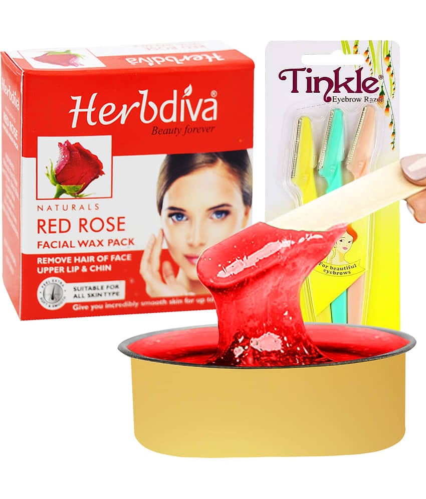 Herbdiva Katori Facial Wax Red Rose 80g With Eyebrow Razer,(101RZR), Pack of 2