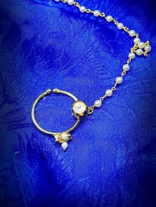 Delicate Kundan Nose Ring with Pearl Chain