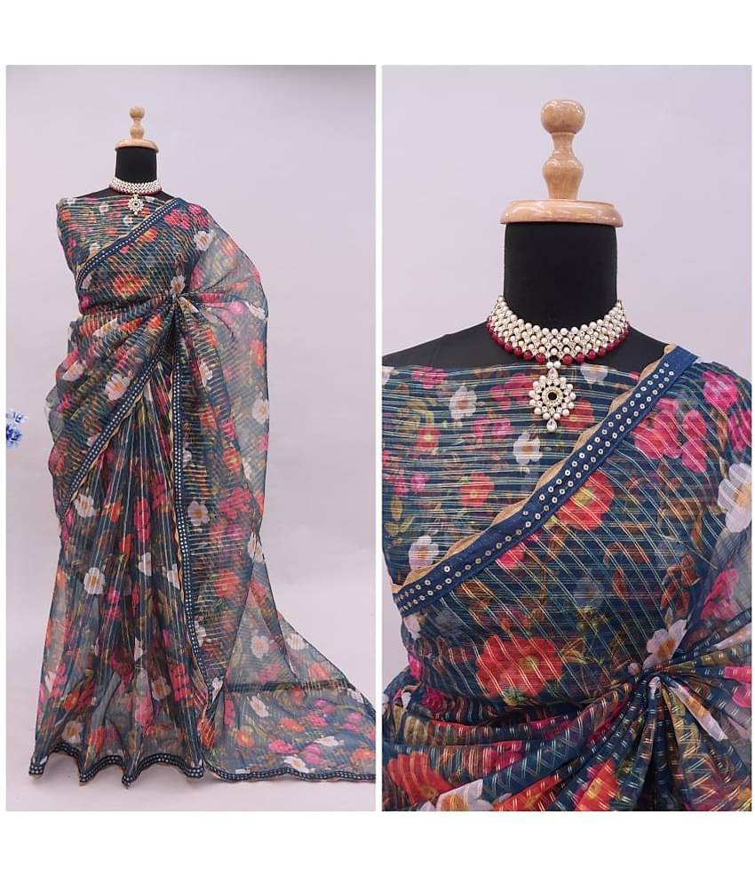 Gullak Organza Printed Saree With Unstitched Blouse Piece ( Teal )