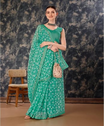 Women's Zomto Printed Saree with Unstitched Blouse (Turquies Green, 5-6 Mtrs)