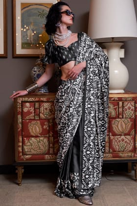 Jaguar Black Patola Printed Satin Crepe Silk Saree