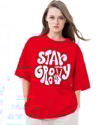 Leotude Women Cotton Blend Printed Oversized Fit Round Neck T-Shirt ( Red )