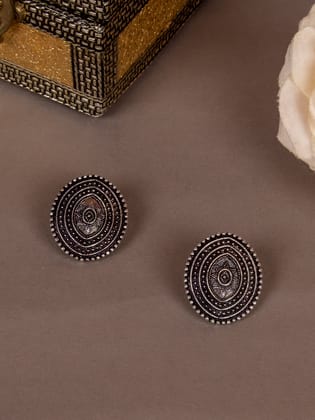 Antique Oval Stud Earrings in Oxidized Silver