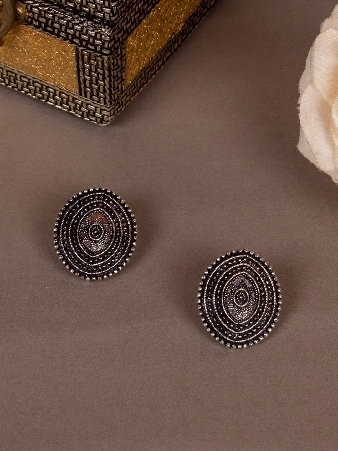 Antique Oval Stud Earrings in Oxidized Silver