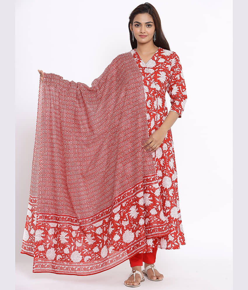 miravan Red Cotton Anarkali Kurti