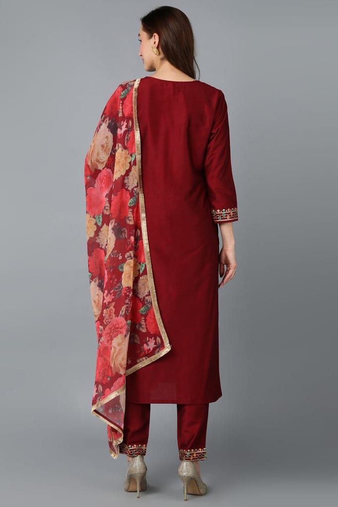 Latest Women Maroon Silk Blend Embroidered Kurta Pant With Dupatta VKSKD1757 2026 at ShopCircuit